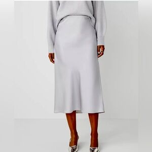 Ann Taylor PETITE Bias Cut Silver Satin Skirt